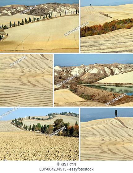 collage with arid landscape in Tuscany called Crete Senesi