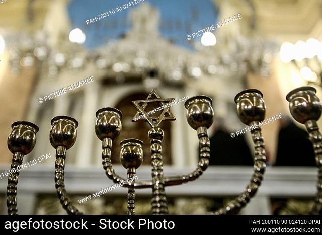10 January 2020, Egypt, Alexandria: A Hanukkah menorah is pictured inside the renovated Eliyahu Hanavi Synagogue, the larger of two in the coastal city of...