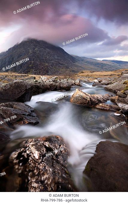 Rocky river in Cwm Idwal leading to Pen yr Ole Wen Mountain at sunset, Snowdonia National Park, Conwy, North Wales, Wales, United Kingdom, Europe