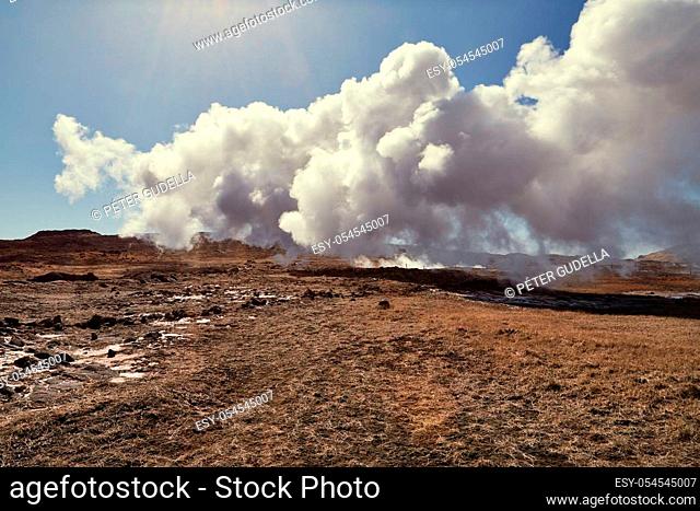 Geothermal power plant in Iceland through heat haze, Gunnuhver, Reykjanes Peninsula