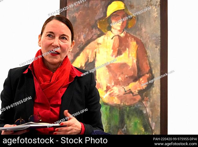 20 April 2022, Brandenburg, Potsdam: Jutta Götzmann, director of the Potsdam Museum and curator, speaks during the press tour of the exhibition ""One Collection...