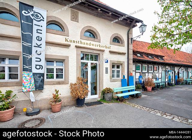 Arts and crafts yard, half-timbering, house facade, front door, window, spring, Königsberg, Hassberge, Franconia, village view, Bavaria, Germany, Europe