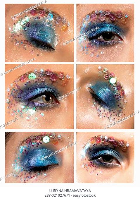 Mascara. Blue Eyeshadow with Colorful Rhinestones