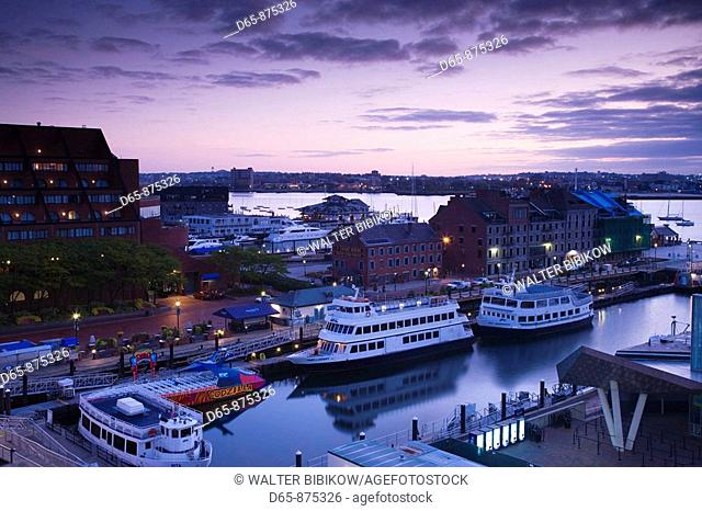 Harbor ferries at dawn, Long Wharf, Boston, Massachusetts, USA