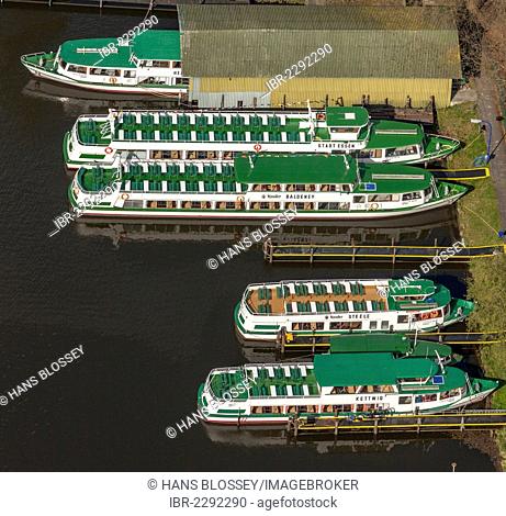 Aerial view, pleasure boats in the harbor, lake Baldeneysee, Essen, Ruhr area, North Rhine-Westphalia, Germany, Europe