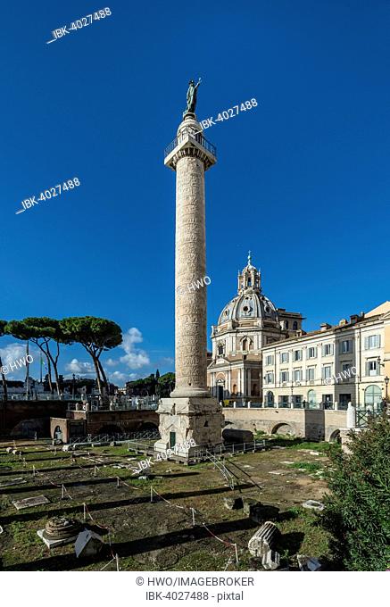 Trajan's Column in the Forum of Trajan, behind the church of Santa Maria di Loreto, Rione Monti I, Rome, Lazio, Italy