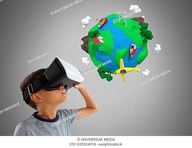 Boy against grey background with virtual reality headset and 3D planet earth world