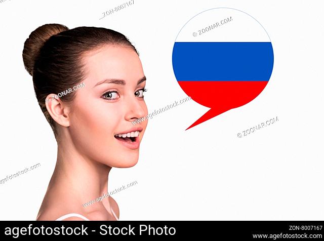 Beautiful woman speak.Bubble with Russian flag. Isolated background