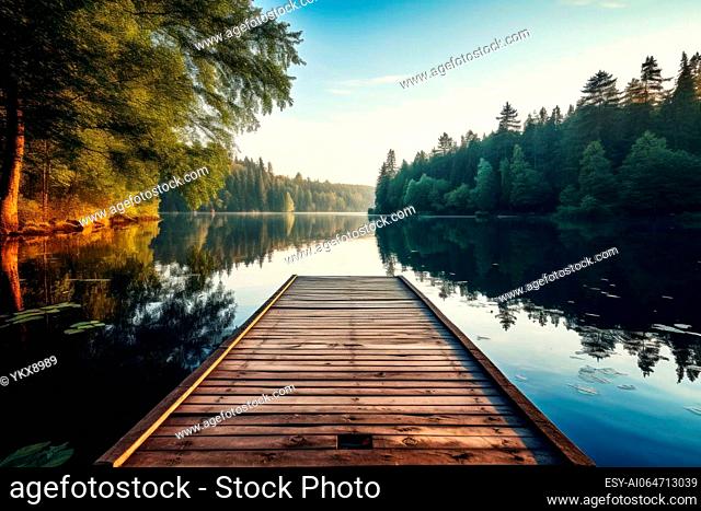 Charming wooden pier extending into a calm lake surrounded by nature