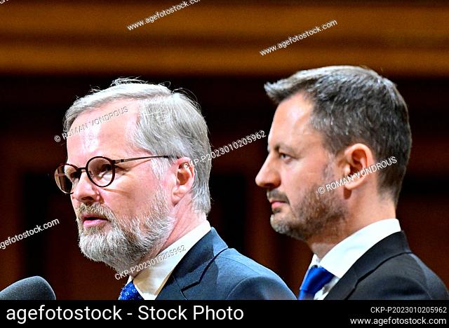 From left Czech Prime Minister Petr Fiala (ODS) and Slovak PM Eduard Heger attend concert of the Czech Philharmonic on the 30th anniversary of the establishment...