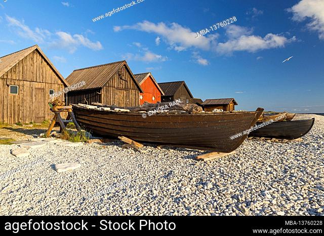 Houses and boats, historic fishing village Helgumannen, Sweden, Farö island