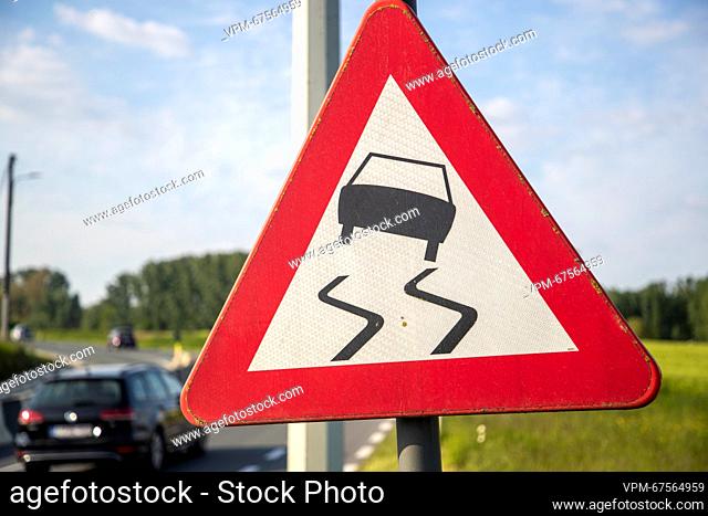 Illustration picture shows a traffic sign indicating A15 slippery road in Lierde on Friday 19 May 2023. BELGA PHOTO NICOLAS MAETERLINCK
