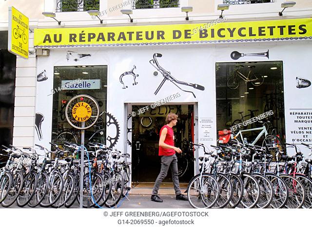 France, Europe, French, Paris, 4th arrondissement, Boulevard de Sébastopol, Au Réparateur de Bicyclettes, bicycle repair shop, display,