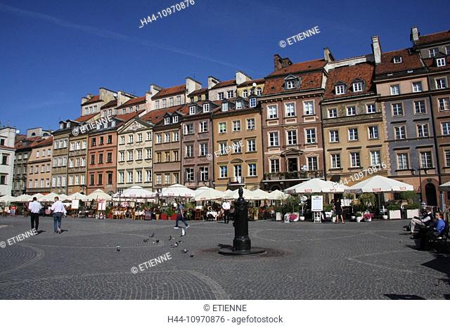 Poland, Warsaw, Europe, Old Town, Unesco, world cultural heritage, marketplace, Rynek Starego Miasta, houses, homes, facades, street restaurant, water pump