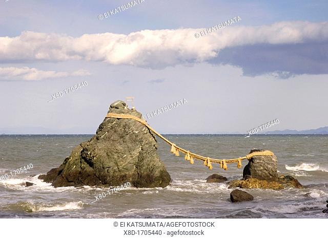 Meoto-Iwa, Wedded Rocks off the coast of Futamigaura Beach, Futami Town on the in Mie Prefecture, Japan