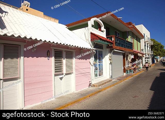 View to the colonial buildings at the town center, Isla Mujeres, Cancun, Quintana Roo, Mexico, Central America