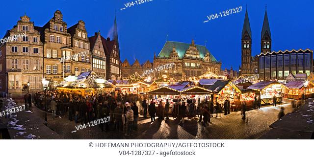 Panoramic view over the christmas market at dusk in Bremen, Germany, Europe