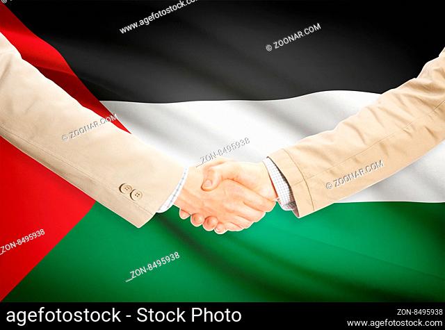 Businessmen shaking hands with flag on background - Palestine