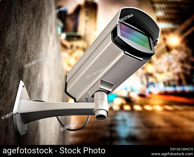 Security camera hanging on the wall against city background. 3D illustration