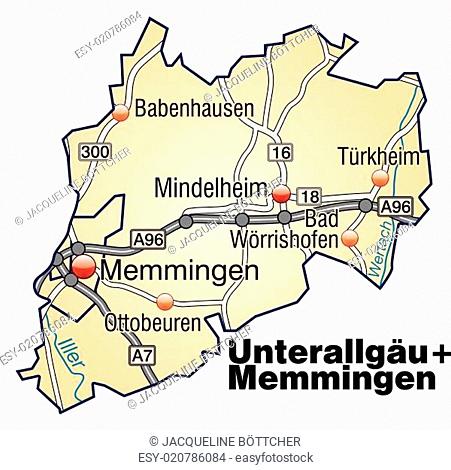 Karte von Unterallgaeu-Memmingen mit Verkehrsnetz in Pastellorange