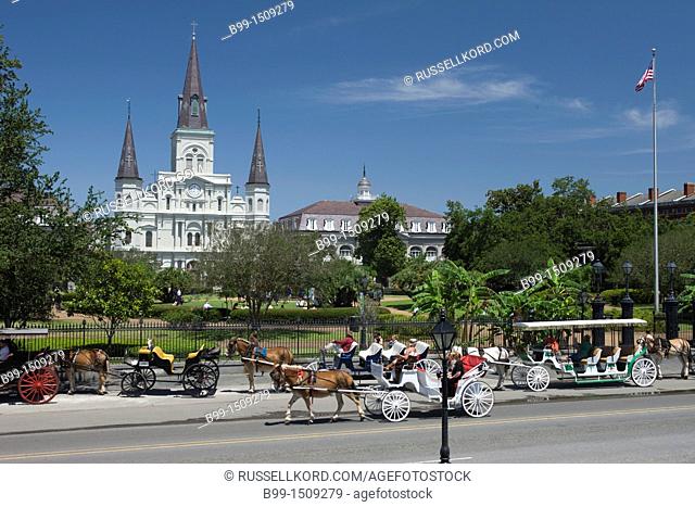Horse Carriage Sightseeing Excursion Tours Jackson Square  French Quarter Downtown New Orleans Louisiana USA