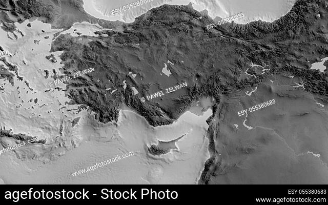 Grayscale map of the area around the Anatolian tectonic plate. 3D rendering