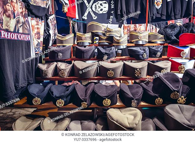 Souvenir stand during famous annual Trumpet Festival in Guca village, Serbia, also known as Dragacevski Sabor, 2017