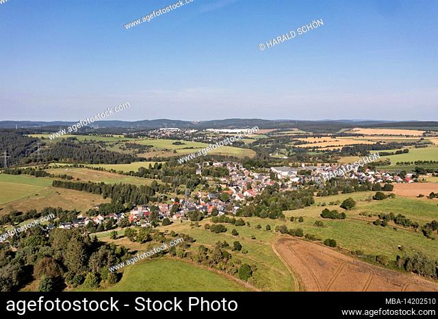 Germany, Thuringia, Großbreitenbach (in the background), Böhlen, landscape, fields, plateau, overview, aerial view