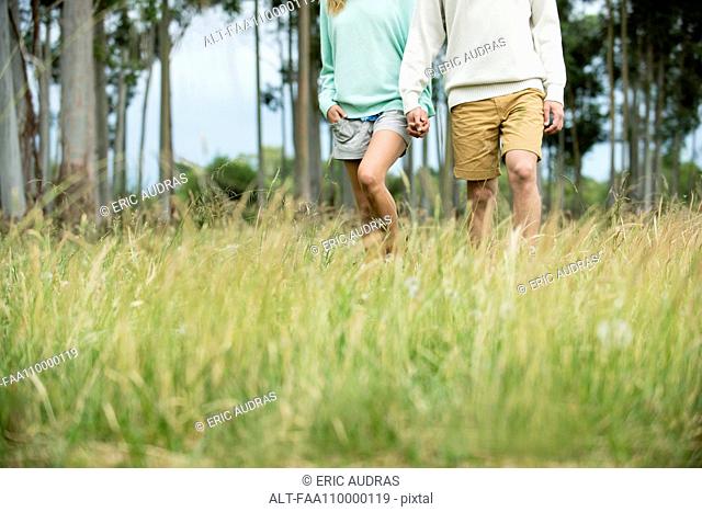 Couple walking together through tall grass, low section