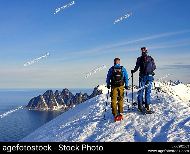 Two ski mountaineers at the summit of Husafjellet with a view over Devils Teeth, Okshornan, Senja Island, Troms, Norway, Europe
