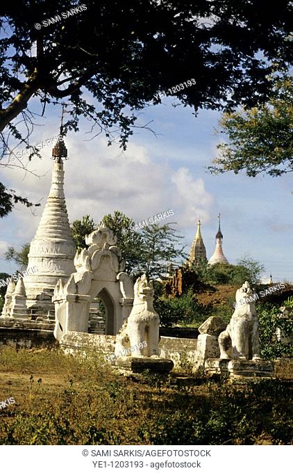 Statues outside Htilominlo Temple, a Buddhist temple built in 1211, Bagan, Burma