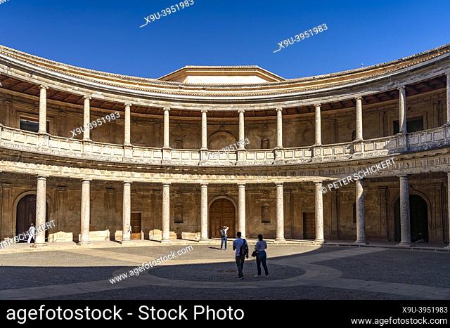 Courtyard of the Palace of Charles V, world heritage Alhambra in Granada, Andalusia, Spain