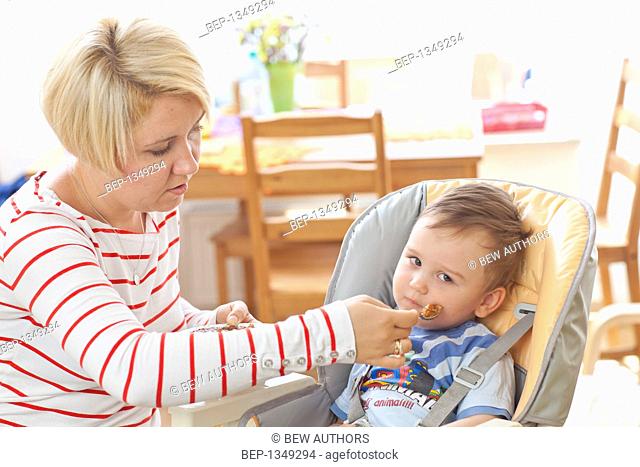 Mother feeding her son at home