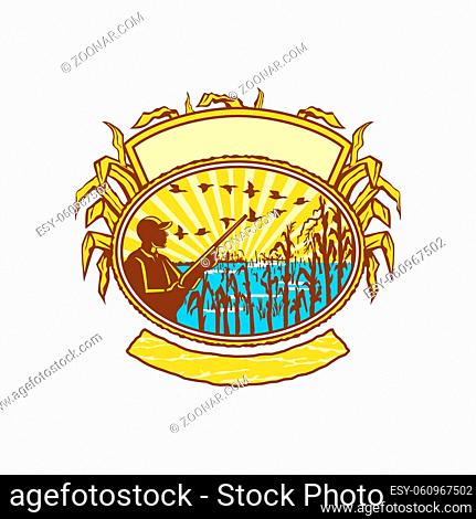 Retro style illustration of a bird or duck hunter with rifle in flooded cornfield with corn stalks set inside oval shape with banner and sunburst on isolated...