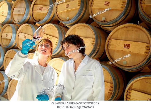 TECNALIA Researchers conducting a quality control of wine during the course of breeding in the barrel cellar, Bodegas Baigorri, Samaniego, Araba, Rioja Alavesa