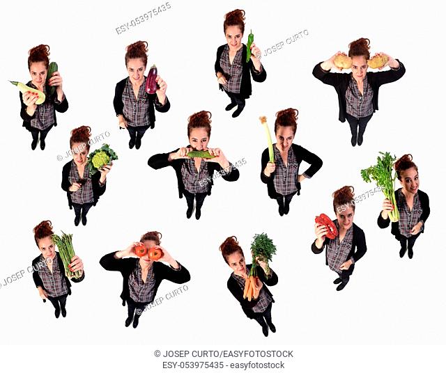 portrait of a woman with different vegetables in white background