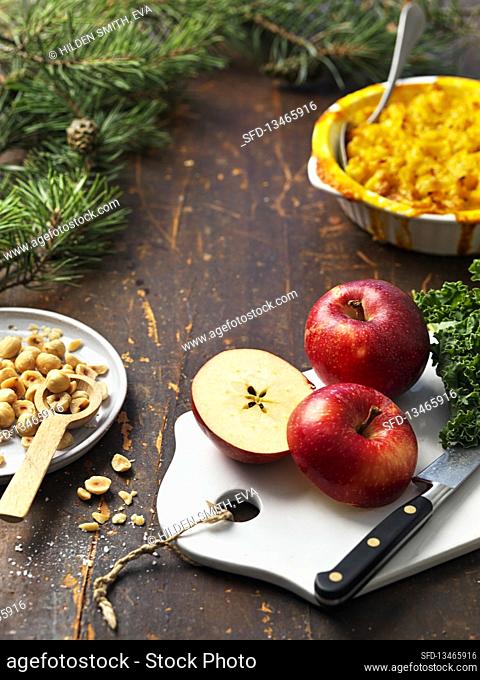 Vegan gratin with saffron, apples, hazelnuts for Christmas
