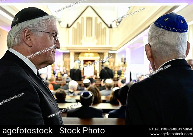 09 November 2023, Berlin: Federal President Frank-Walter Steinmeier (l) and the President of the Central Council of Jews in Germany, Josef Schuster