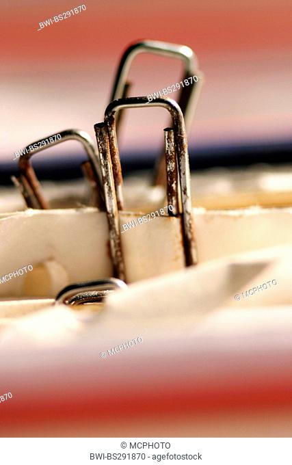 rusty paper clips fixing sheets of paper in a file