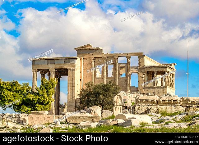 Famous erechtheum temple at acropolis site, Athens, Greece