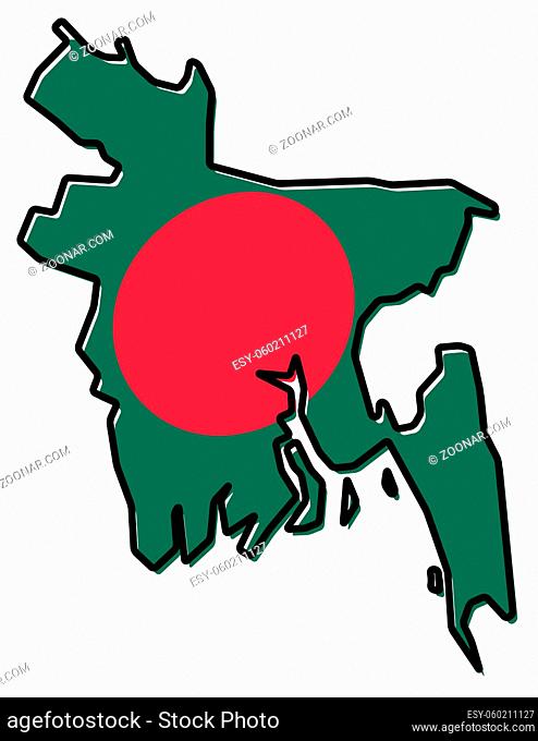 Simplified map of Bangladesh outline, with slightly bent flag under it
