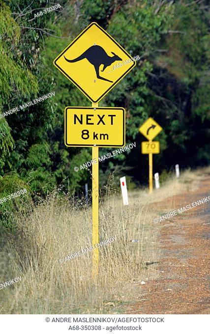 Road sign warning for Kangaroos outside Perth. Western Australia, Australia