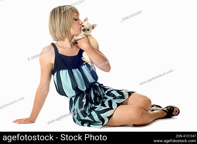 portrait of a woman and chihuahua in front of white background