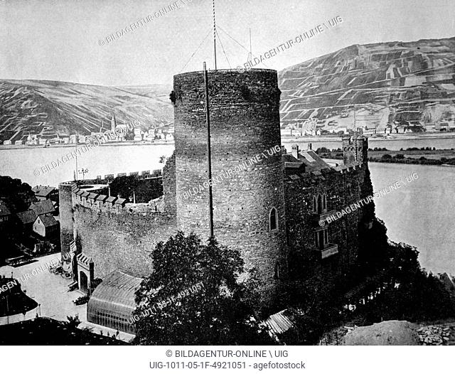 Early autotype of castle hoheneck in the rhine valley, near niederheimbach, germany, 1884