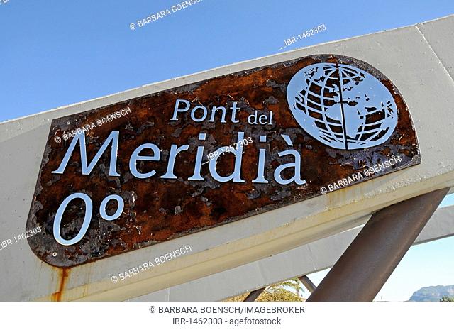 Prime meridian, globe, bridge, Beniarbeig, village, Marina Alta area, Costa Blanca, Alicante province, Spain, Europe
