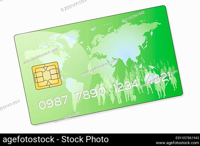 drawing of a green credit card with a crowd of people on a world map