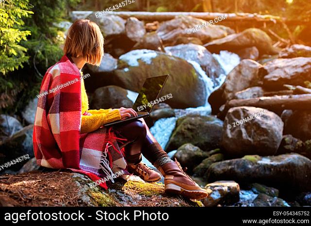 A toned portrait of a a smiling freelancer hipster girl with glasses dressed in a blanket with a laptop kneeling sitting on a rock in a coniferous forest next...