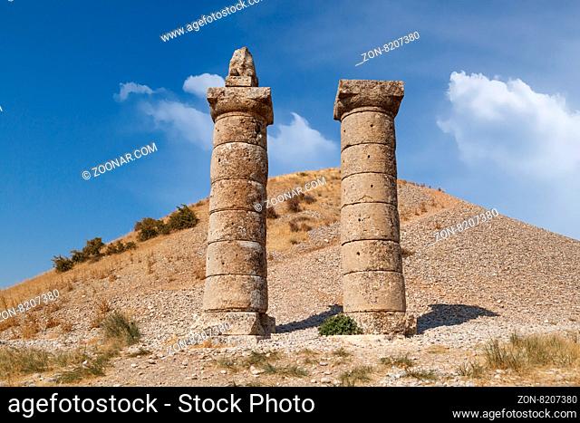 View of Karakus Tumulus, ancient historical and blessed area of Nemrut National Park, on clear blue sky background