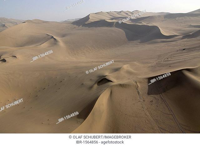Aerial view of sand dunes with caravan route in the Gobi desert, silk road, Dunhuang, Gansu, China, Asia