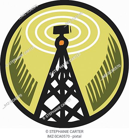 A radio tower in an orange circle